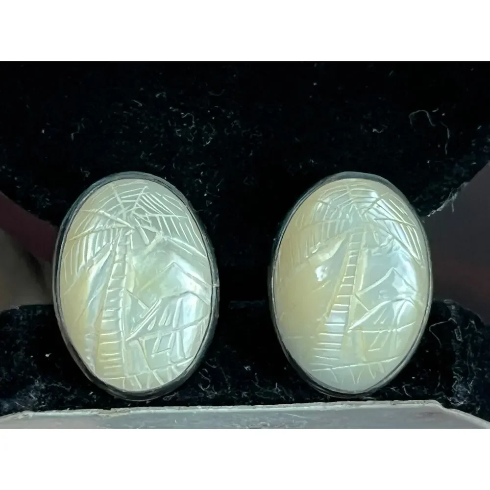 VTG Carved Mother of Pearl Sterling Silver Cufflinks Palm Tree Asian Beachy
